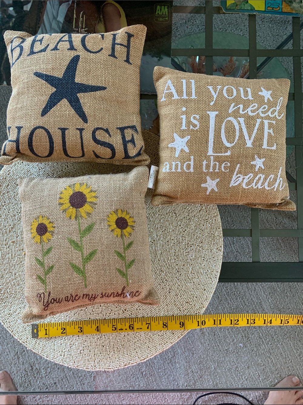3 Burlap Pillows 7”-8” square.  Like new